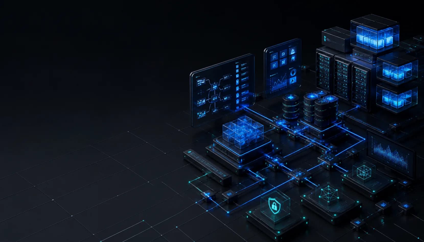 Connected digital infrastructure representing web, application, ERP, analytics, and security systems